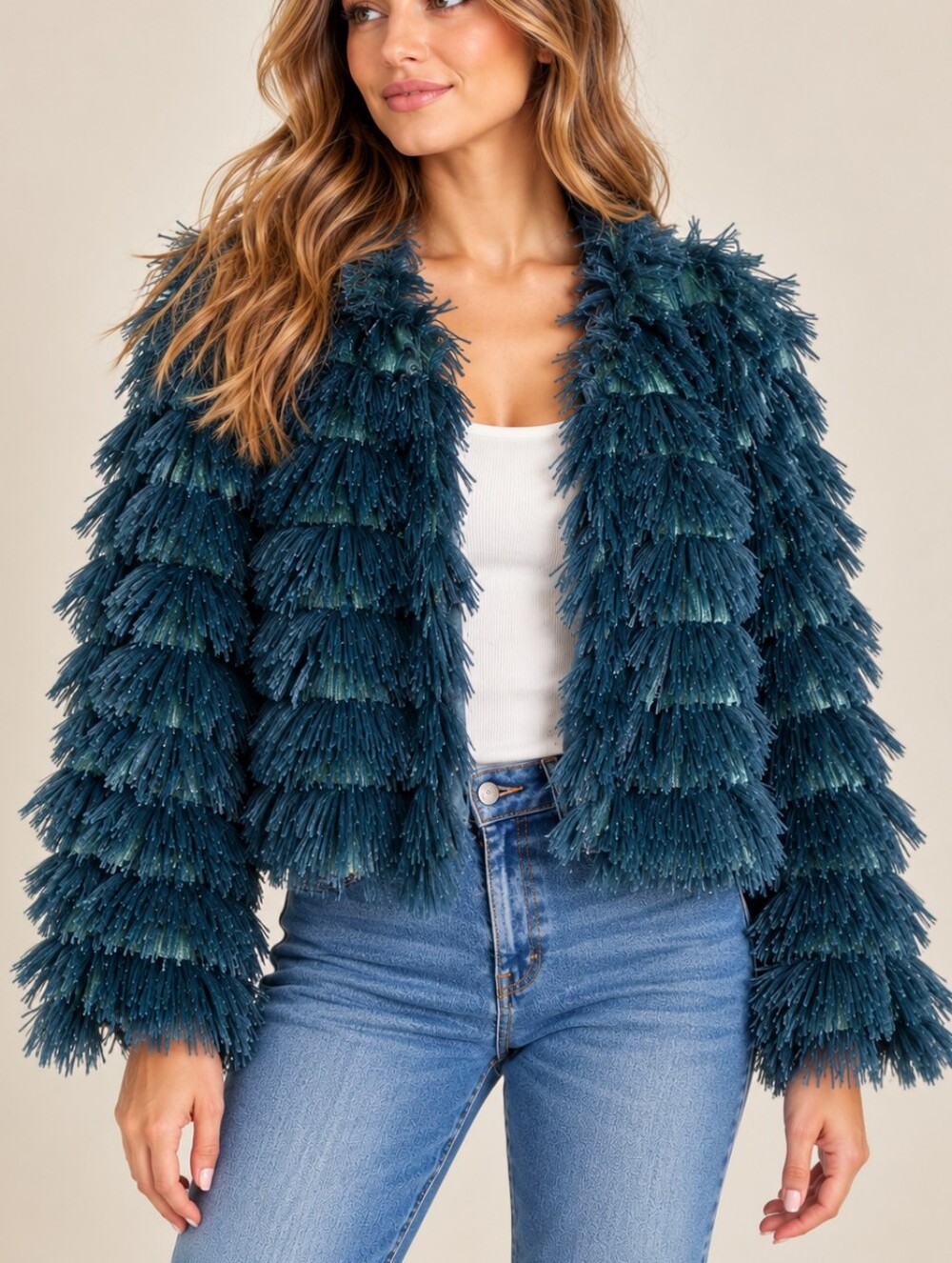 She + Sky Teal Faux Fur Shaggy Fringe Layered Jacket Coat Women Size Medium Glam